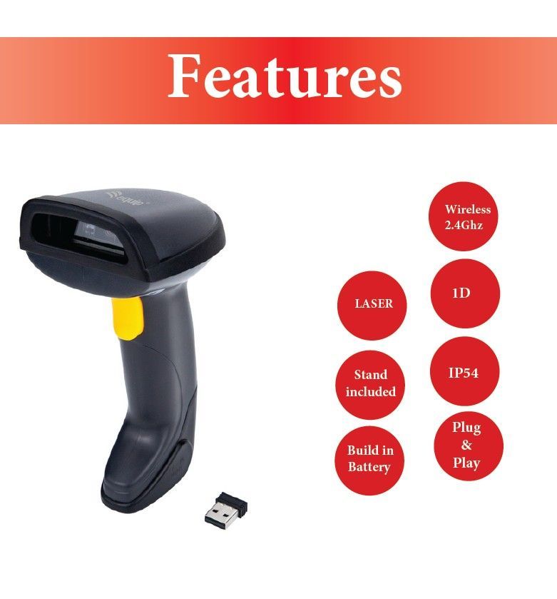 EQuip Wireless 1D Laser Barcode Scanner with Stand Vonalkódolvasó Black