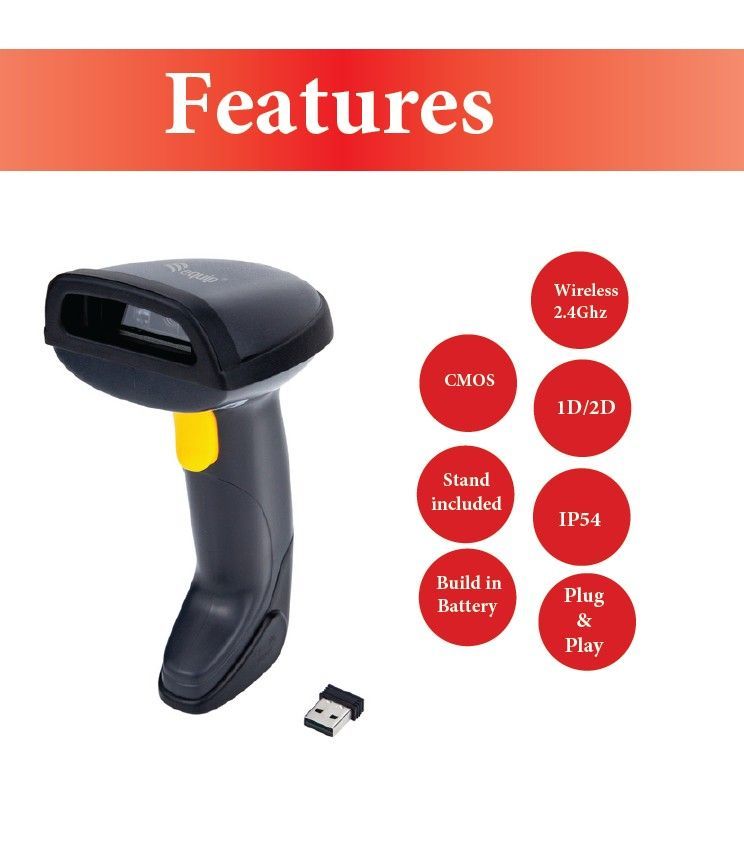 EQuip Wireless 2D Barcode Scanner with Stand Vonalkódolvasó Black