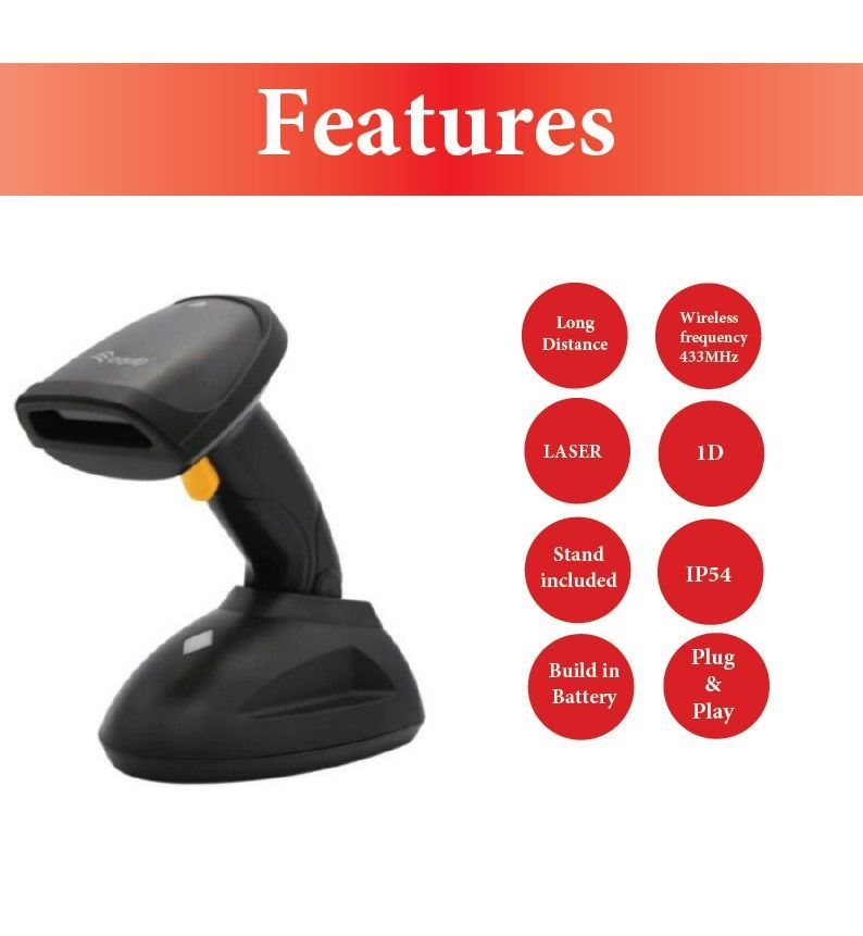EQuip Wireless 1D Laser Barcode Scanner Long Distance with Stand Vonalkódolvasó Black