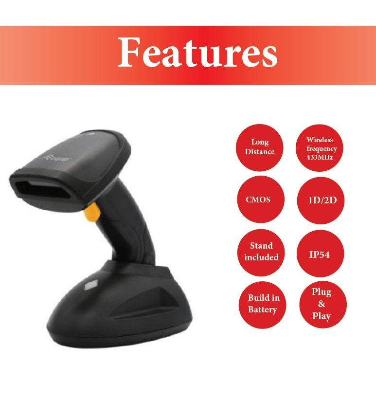 EQuip Wireless 2D Barcode Scanner Long Distance with Stand Vonalkódolvasó Black