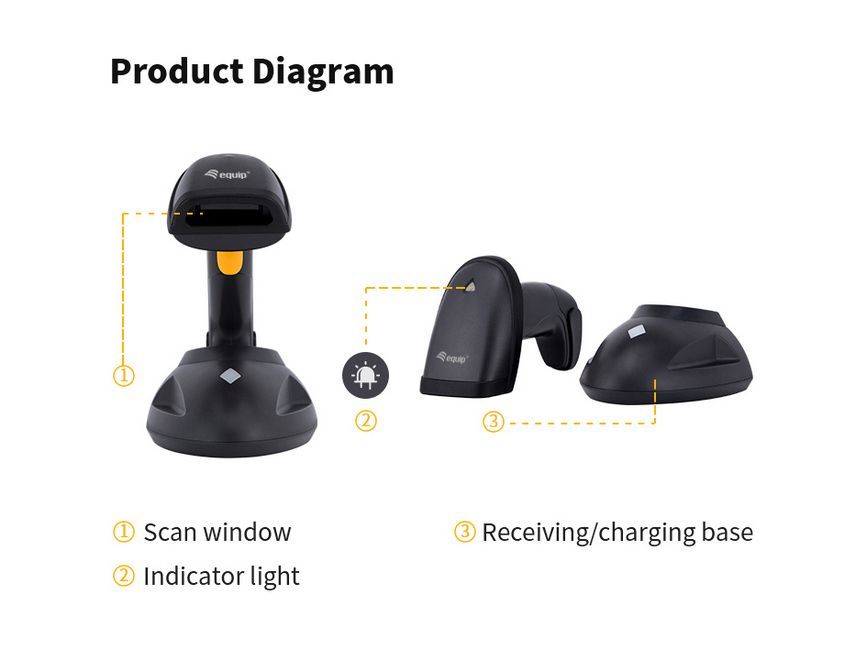 EQuip Wireless 2D Barcode Scanner Long Distance with Stand Vonalkódolvasó Black