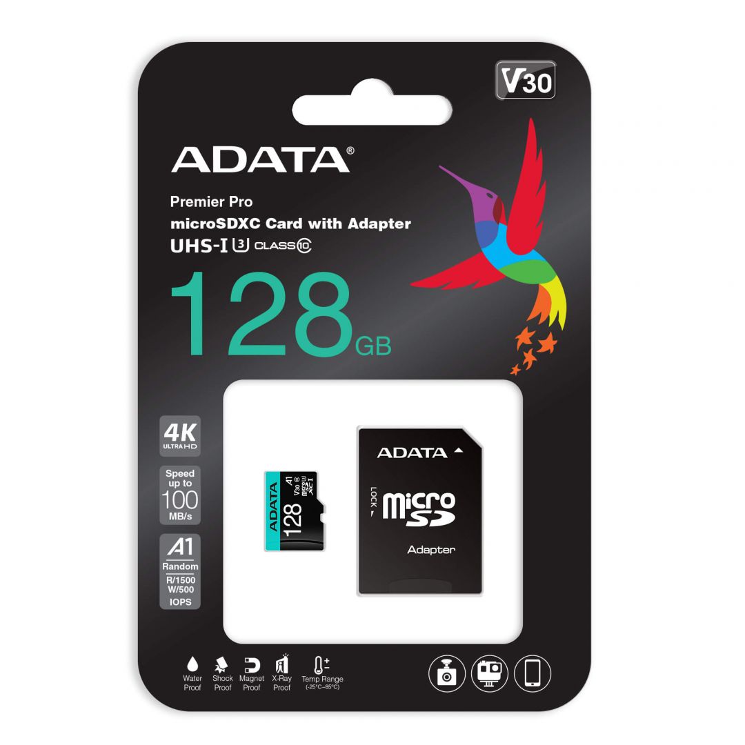 A-Data 128GB microSDXC Premier Pro UHS-I U3 Class 10 (V30S) + adapterrel