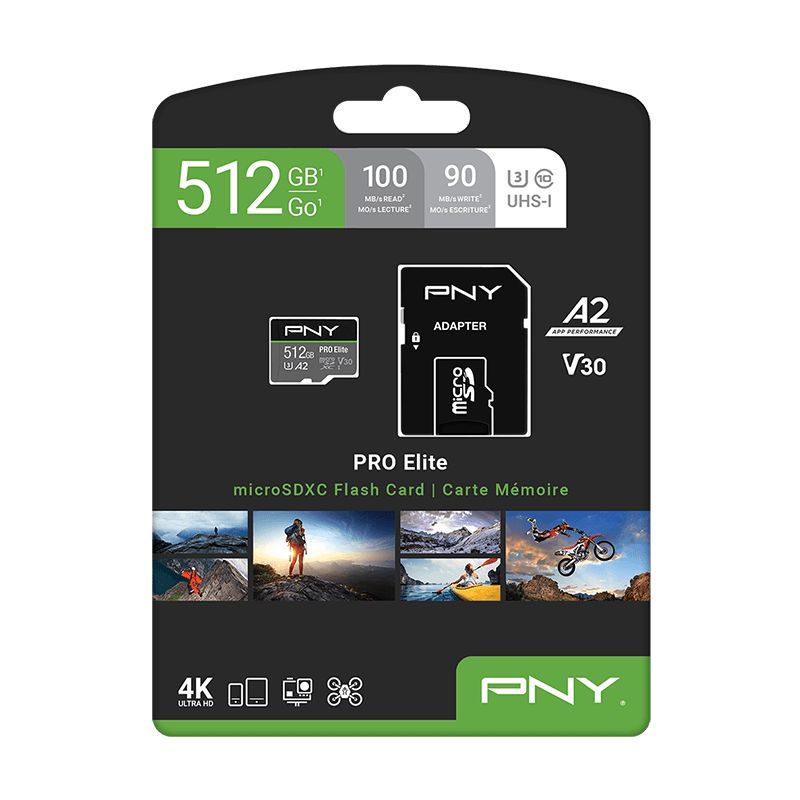 PNY 512GB microSDXC Pro Elite Class 10 U3 V30 A2 + adapterrel