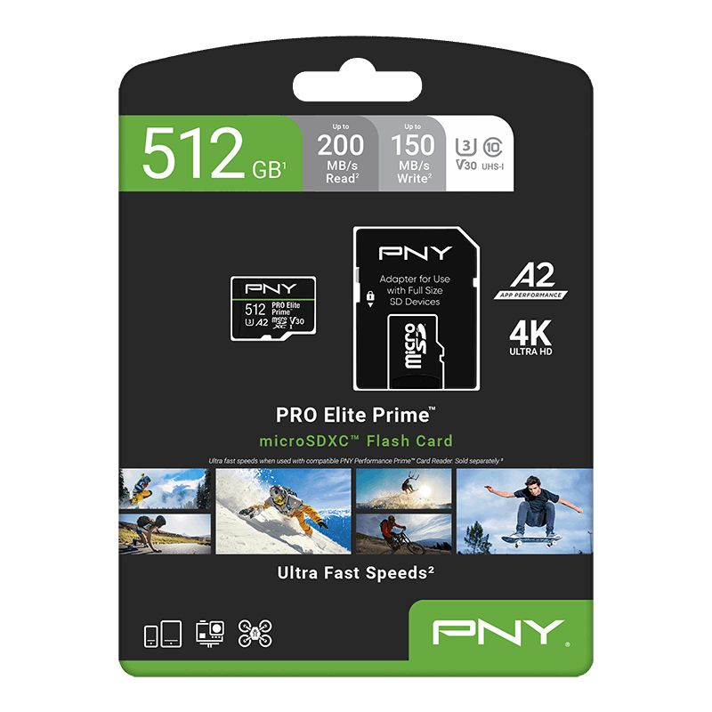 PNY 512GB microSDXC Pro Elite Prime Class 10 U3 V30 A2 + adapterrel