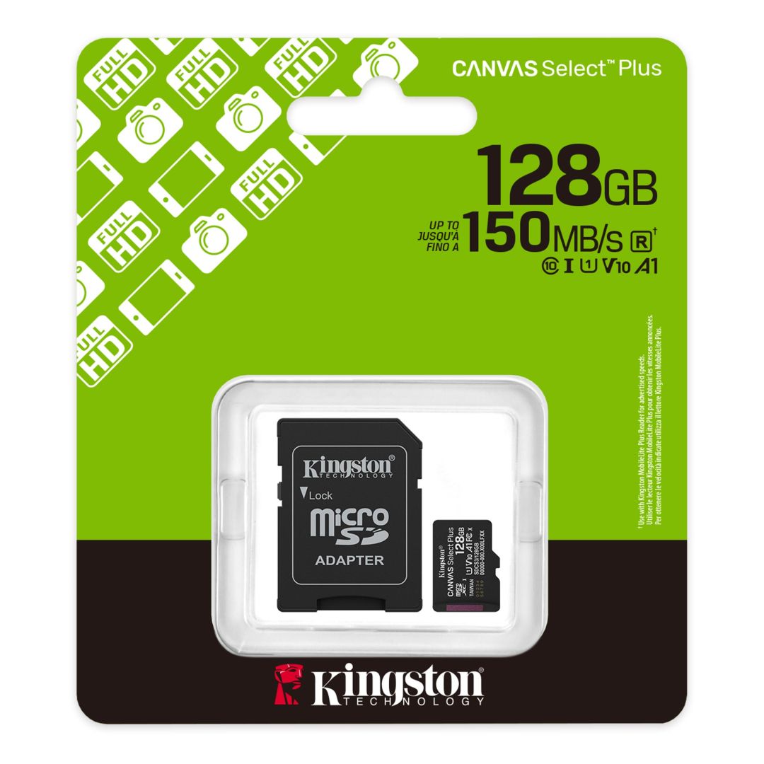 Kingston 128GB microSDXC Canvas Select Plus Gen3 Class 10 UHS-1 A1 V10 + adapterrel