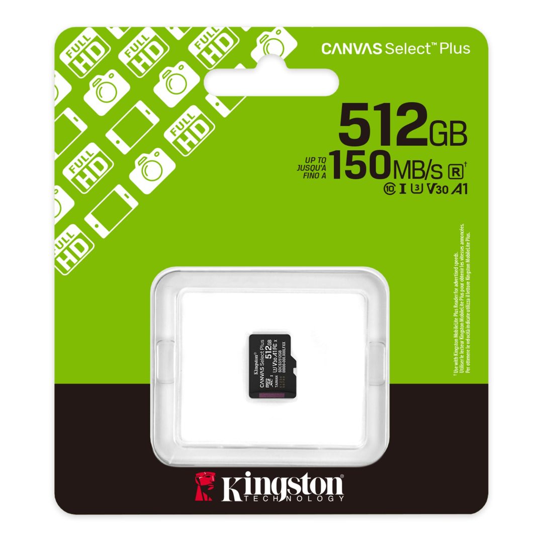Kingston 512GB microSDXC Canvas Select Plus Gen3 Class 10 UHS-1 A1 V30 adapter nélkül