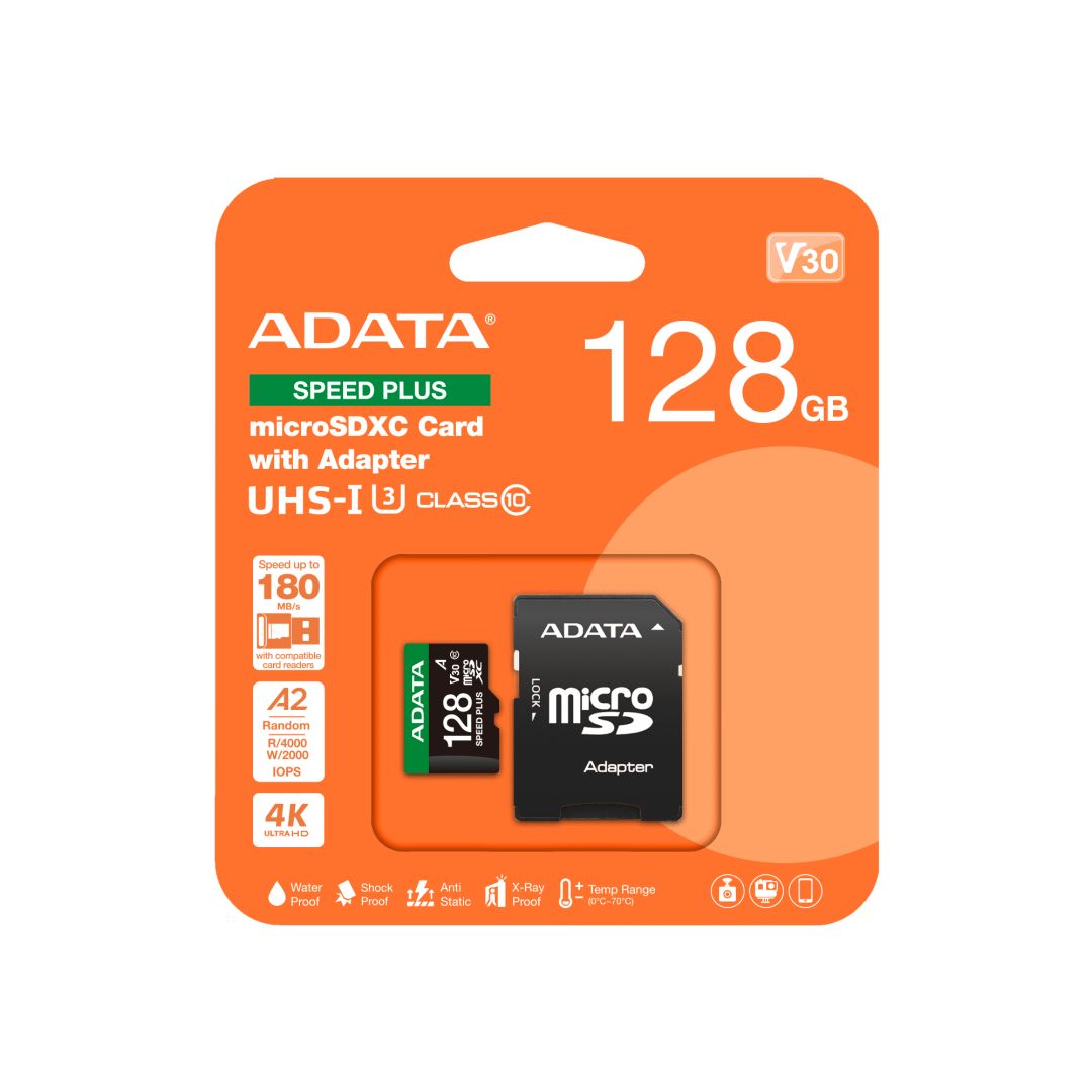 A-Data 128GB microSDXC Speed Plus Class 10 UHS-I U3 V30 + adapterrel