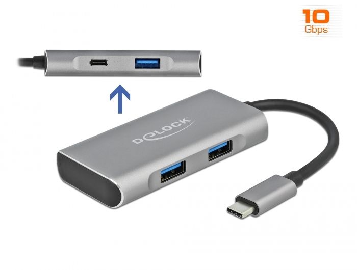 DeLock External USB 3.2 Gen 2 USB Type-C Hub with 3x USB Type-A and 1x USB Type-C Silver