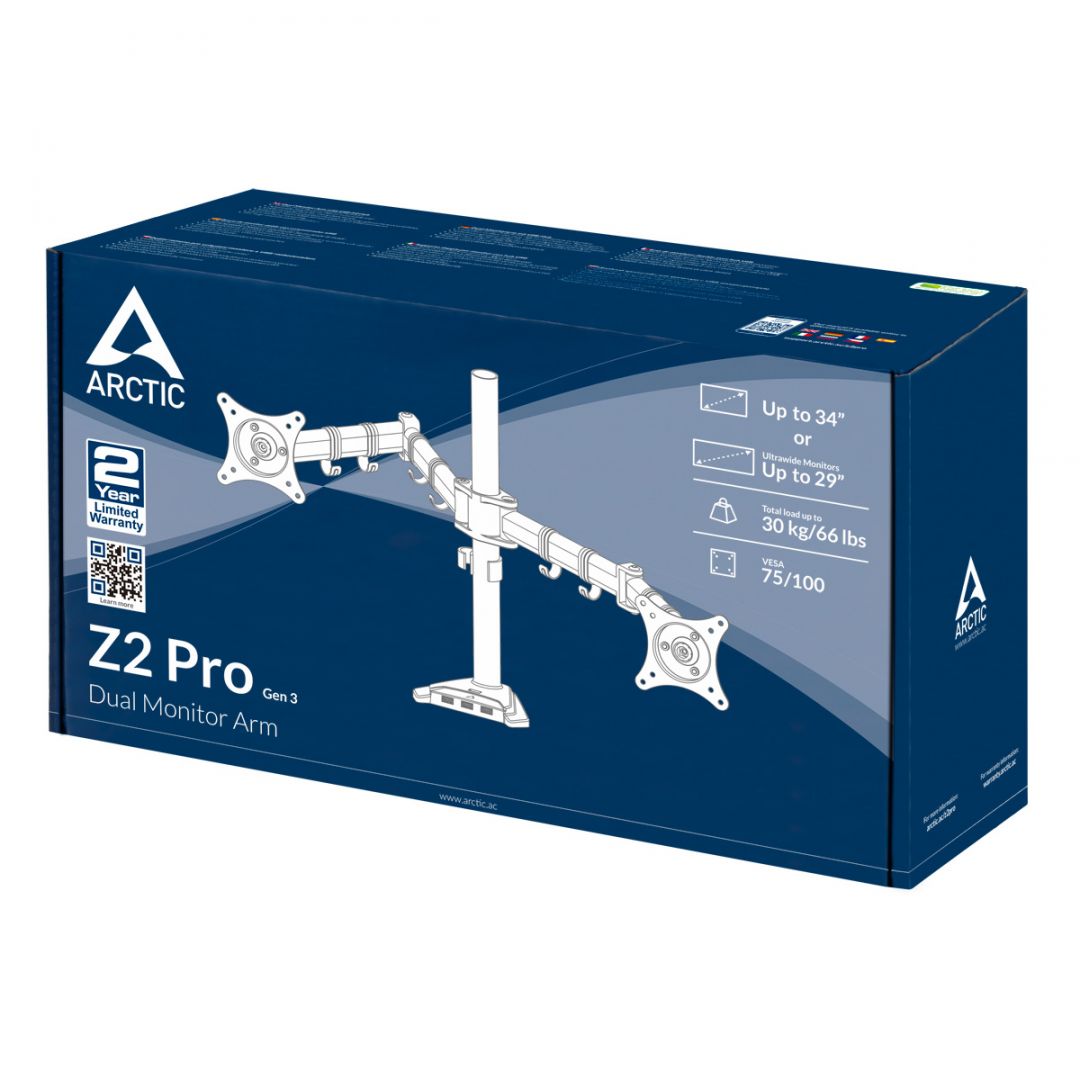 Arctic Z2 Pro Gen 3 Dual Monitor Arm with SuperSpeed USB Hub Black