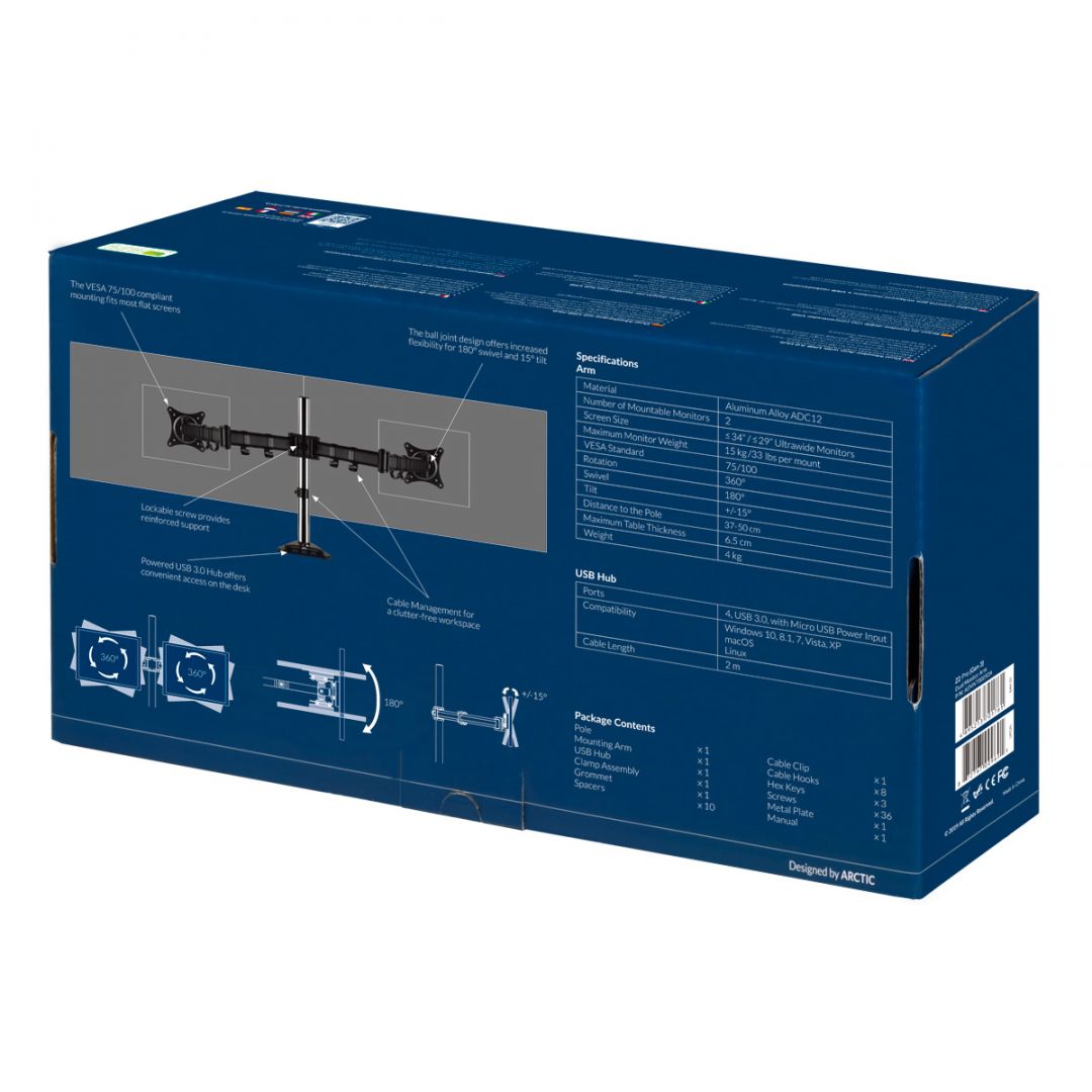 Arctic Z2 Pro Gen 3 Dual Monitor Arm with SuperSpeed USB Hub Black