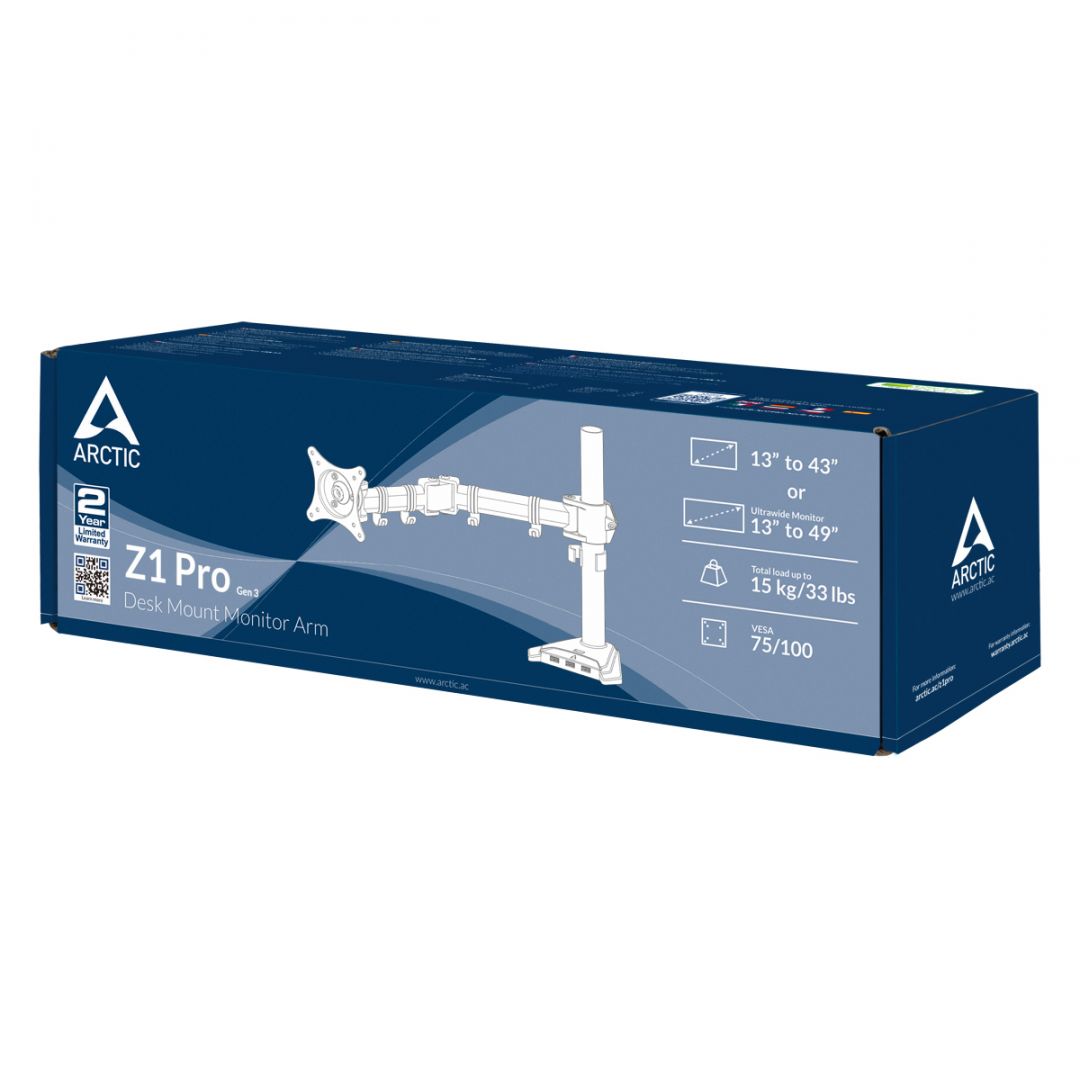 Arctic Z1 Pro Gen 3 Desk Mount Monitor Arm with SuperSpeed USB Hub Black