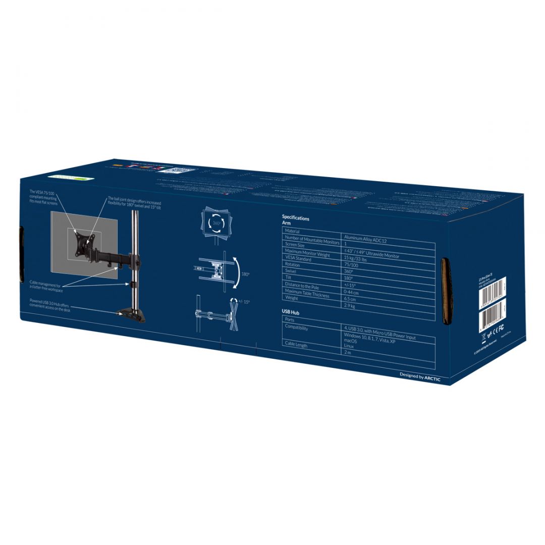 Arctic Z1 Pro Gen 3 Desk Mount Monitor Arm with SuperSpeed USB Hub Black