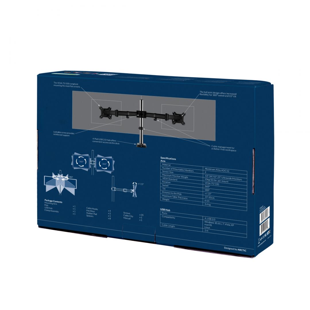 Arctic Z2 Gen 3 Desk Mount Dual Monitor Arm with USB Hub Black