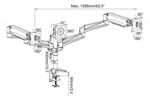 Digitus DA-90363 Universal Triple Monitor Table Mount With Gas Spring And Clamp Mount Silver