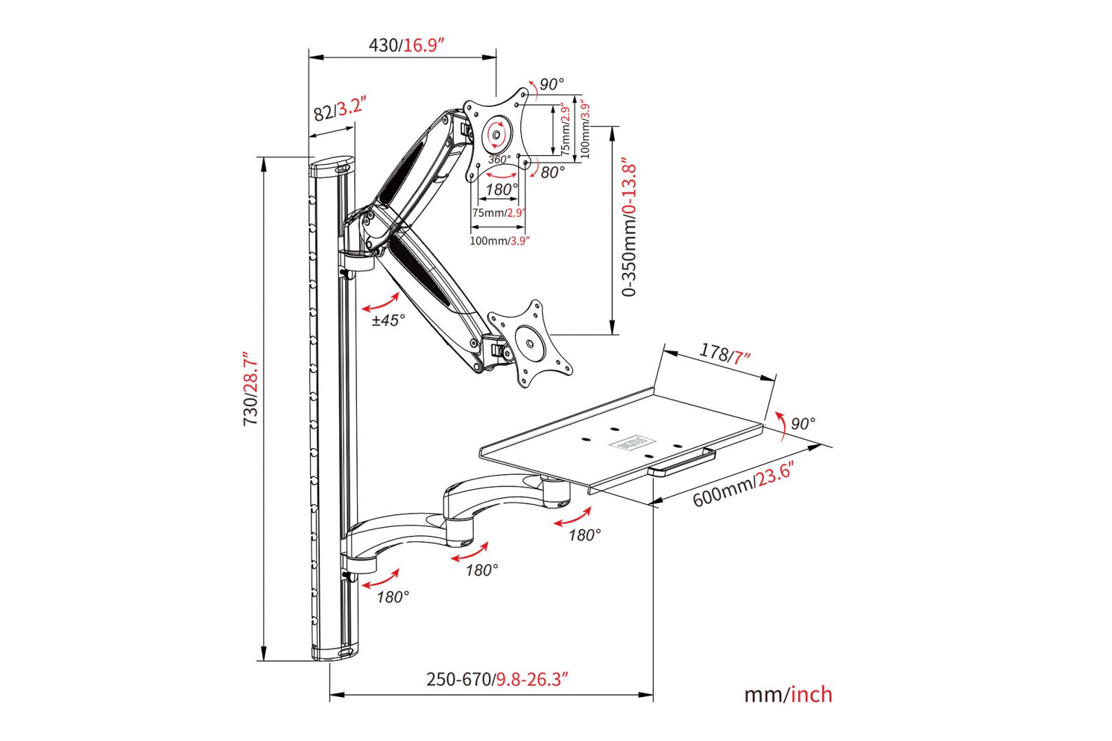 Digitus DA-90451 Workstation (monitor, keyboard, mouse) Wall Mount 32