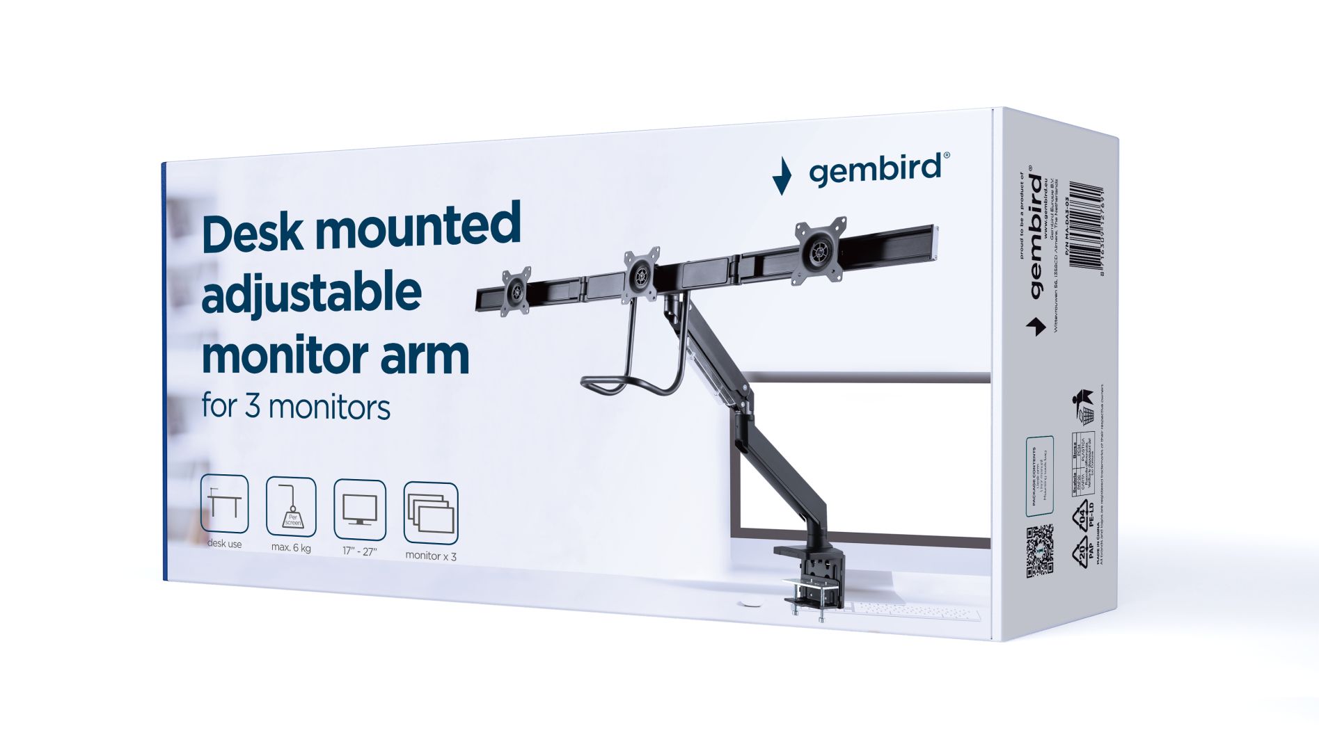Gembird MA-DA3-03 Desk mounted adjustable monitor arm for 3 monitors 17