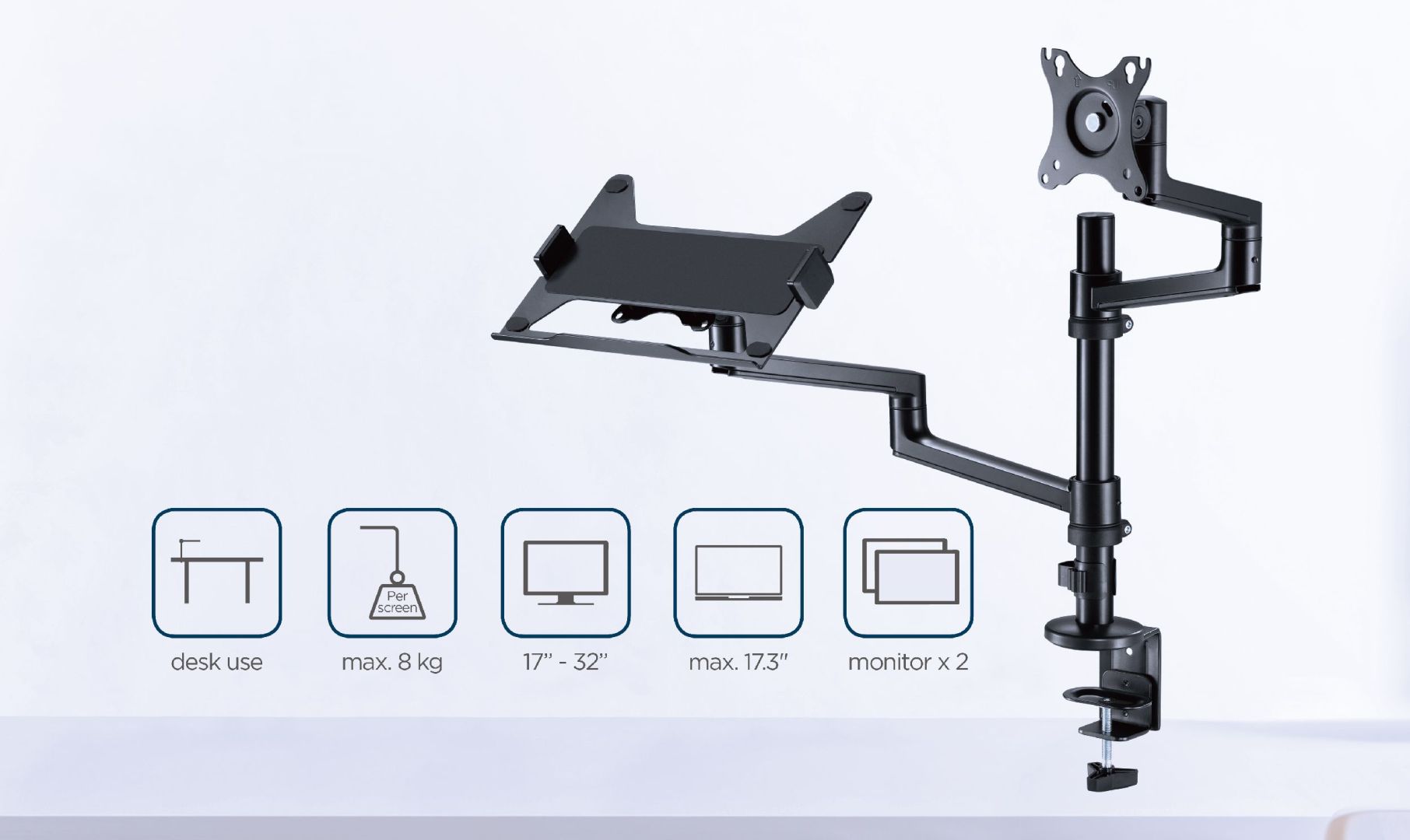 Gembird MA-DA-04 Desk mounted adjustable monitor arm with notebook tray 17
