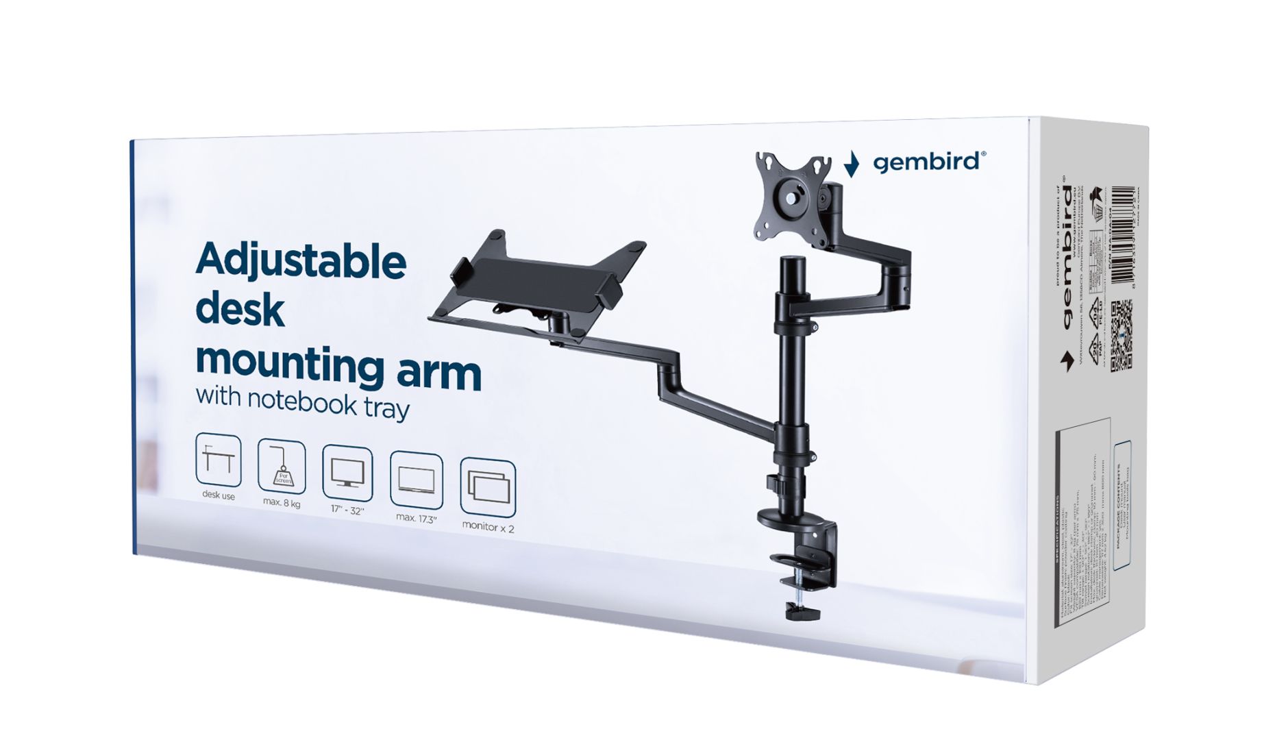 Gembird MA-DA-04 Desk mounted adjustable monitor arm with notebook tray 17