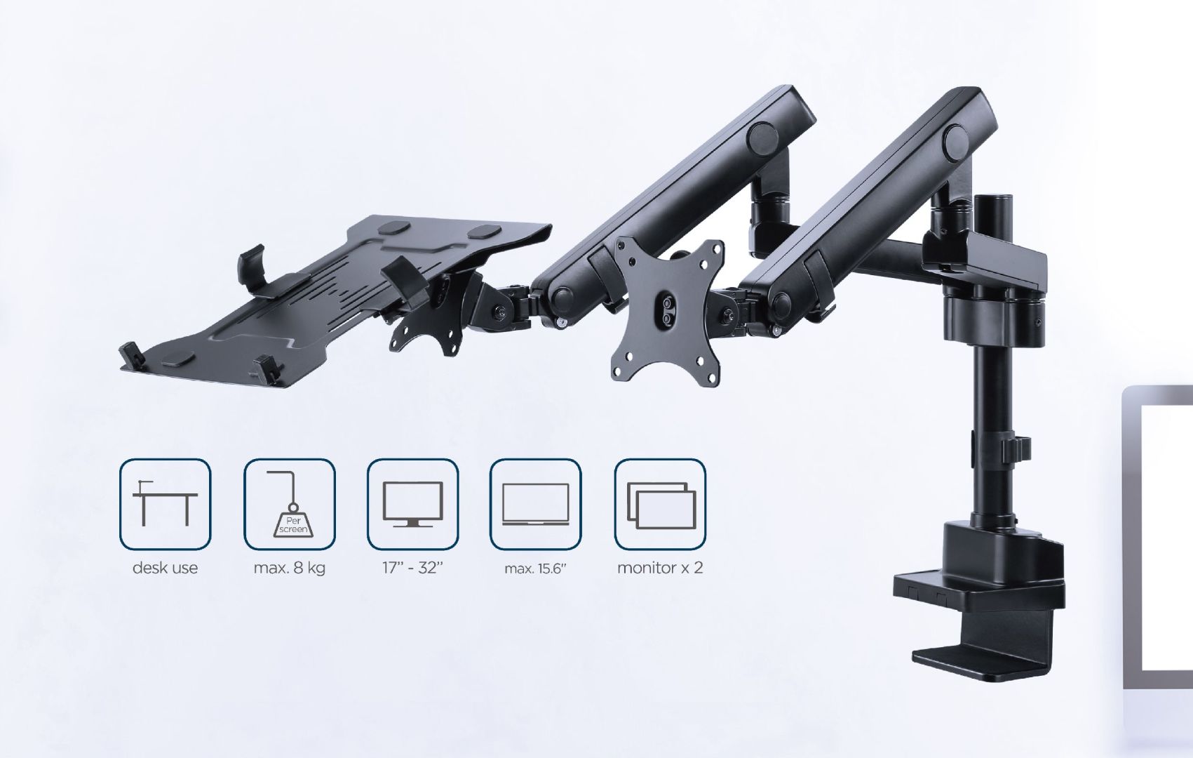 Gembird MA-DA3-02 Desk mounted adjustable monitor arm with notebook tray (full-motion) 17