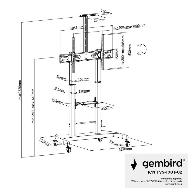 Gembird TVS-100T-02 Height adjustable TV floor stand with caster wheels 60