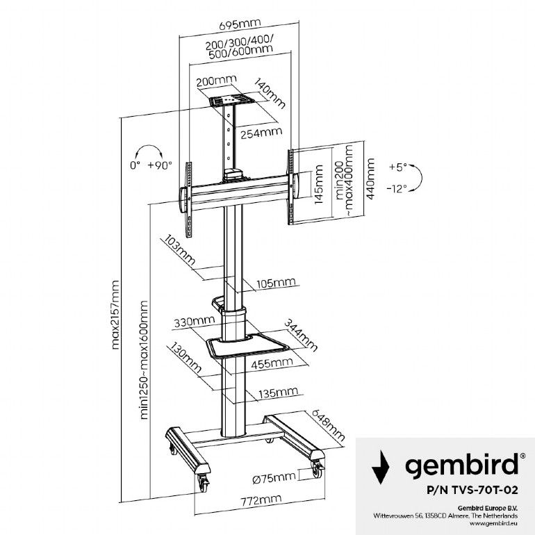 Gembird TVS-70T-02 Aluminum TV floor stand with caster wheels 37