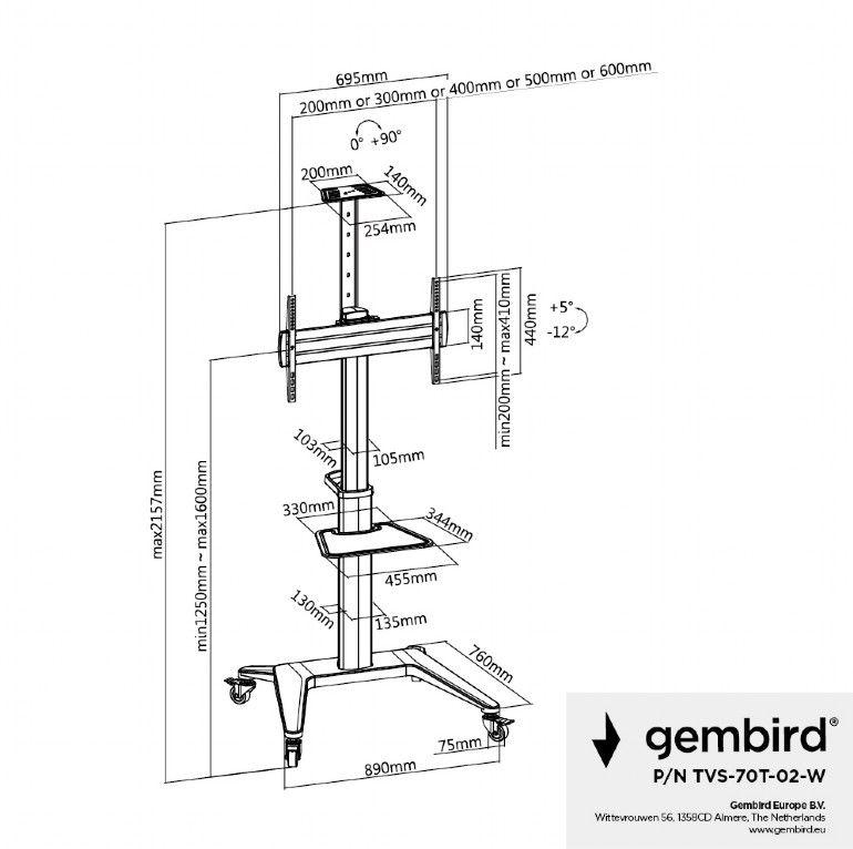Gembird TVS-70T-02-W Aluminum TV floor stand with caster wheels 37