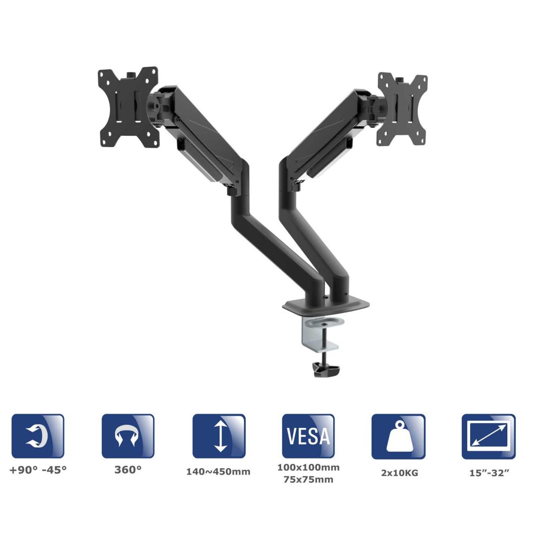 Akyga AK-MB-06 Dual Gas Spring Monitor Arm Double Desk Mount 2x10kg VESA 75x75mm / 100x100mm 15-32