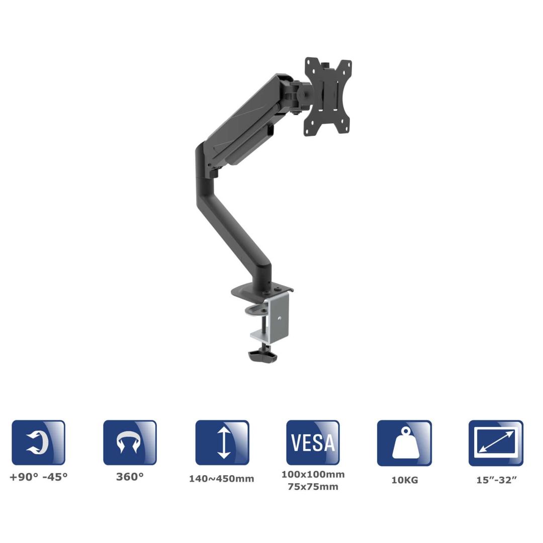 Akyga AK-MB-05 Single Gas Spring Monitor Arm Desk Mount 10kg VESA 75x75mm / 100x100mm 15-32