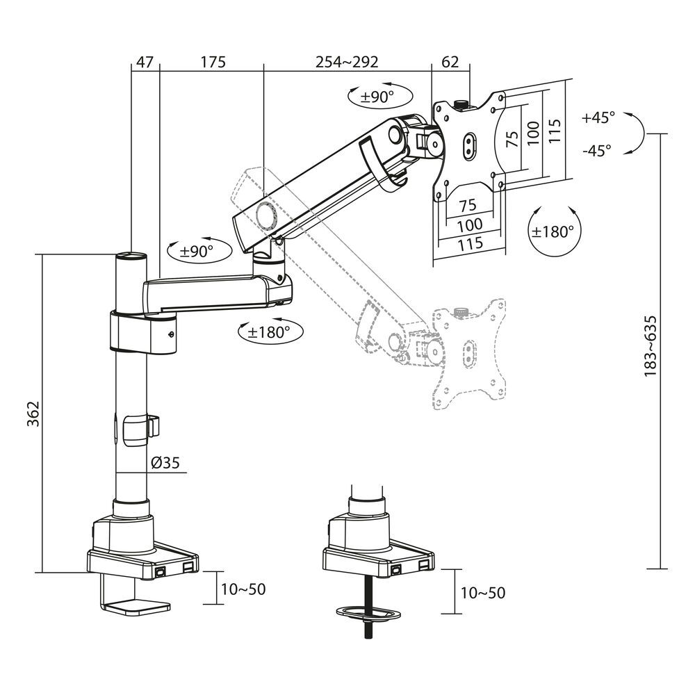 ACT AC8327 Single monitor arm office solid pro with mechanical spring