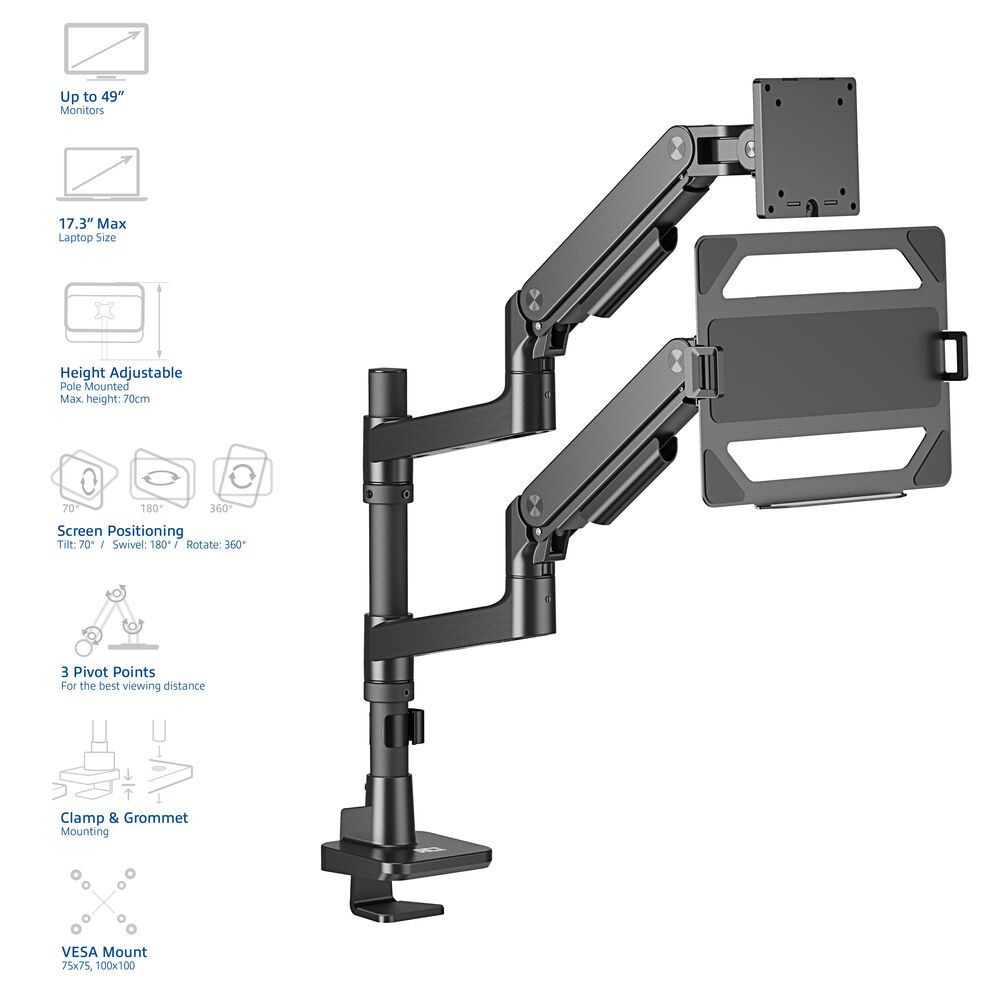 ACT AC8341 Single Monitor Arm and Laptop Arm Office Premium with Gas Spring Pole Mounted