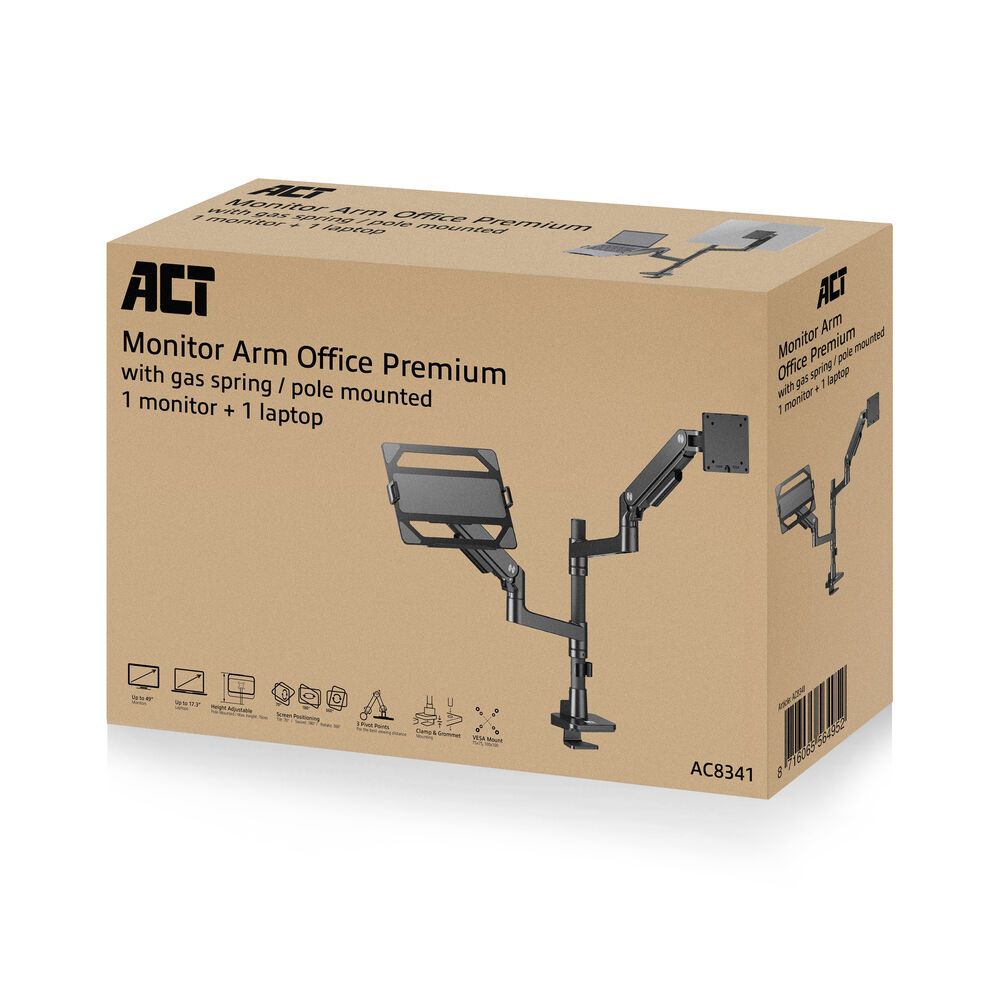 ACT AC8341 Single Monitor Arm and Laptop Arm Office Premium with Gas Spring Pole Mounted