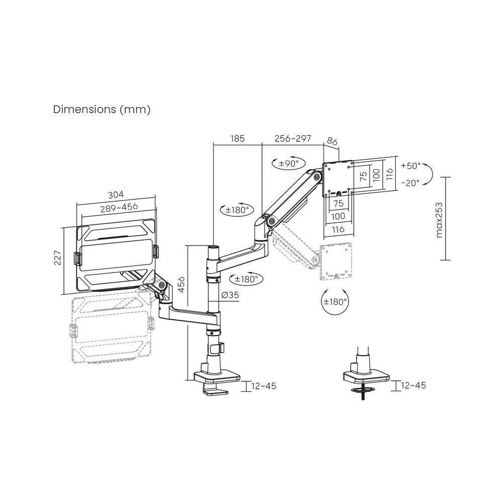 ACT AC8341 Single Monitor Arm and Laptop Arm Office Premium with Gas Spring Pole Mounted