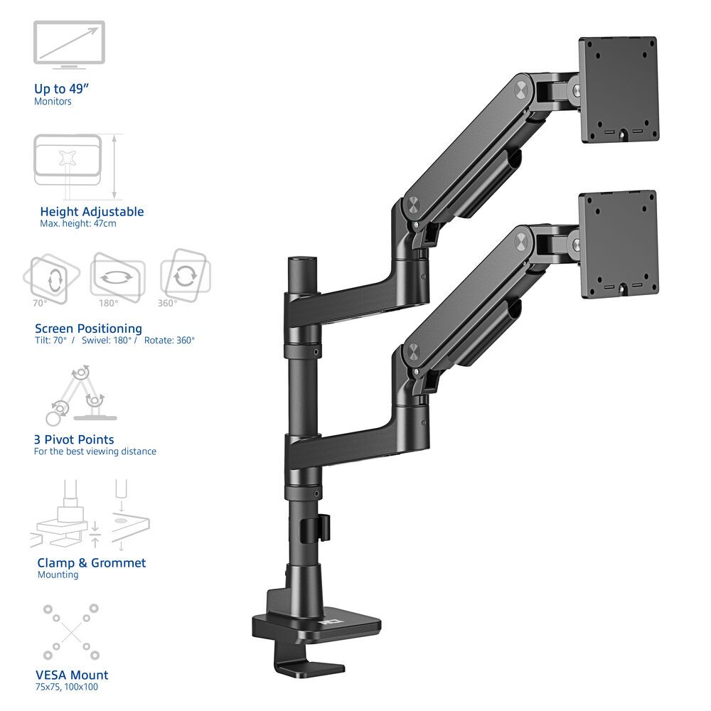 ACT AC8343 Dual Monitor Arm Office Premium with Gas Spring Pole Mounted