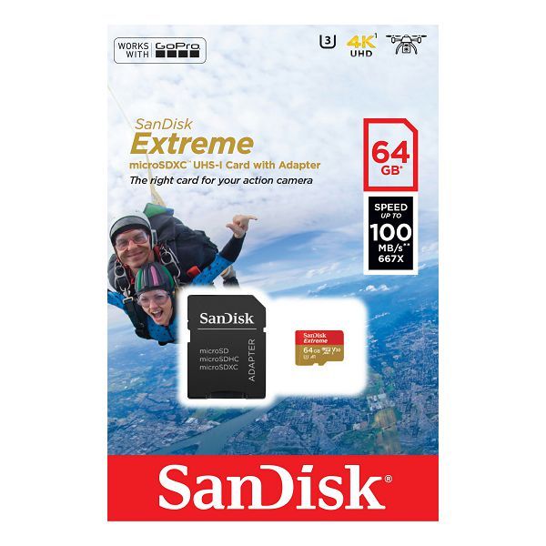 Sandisk 64GB microSDXC Class 10 U3 V30 A2 Extreme Action Cams and Drones + adapterrel
