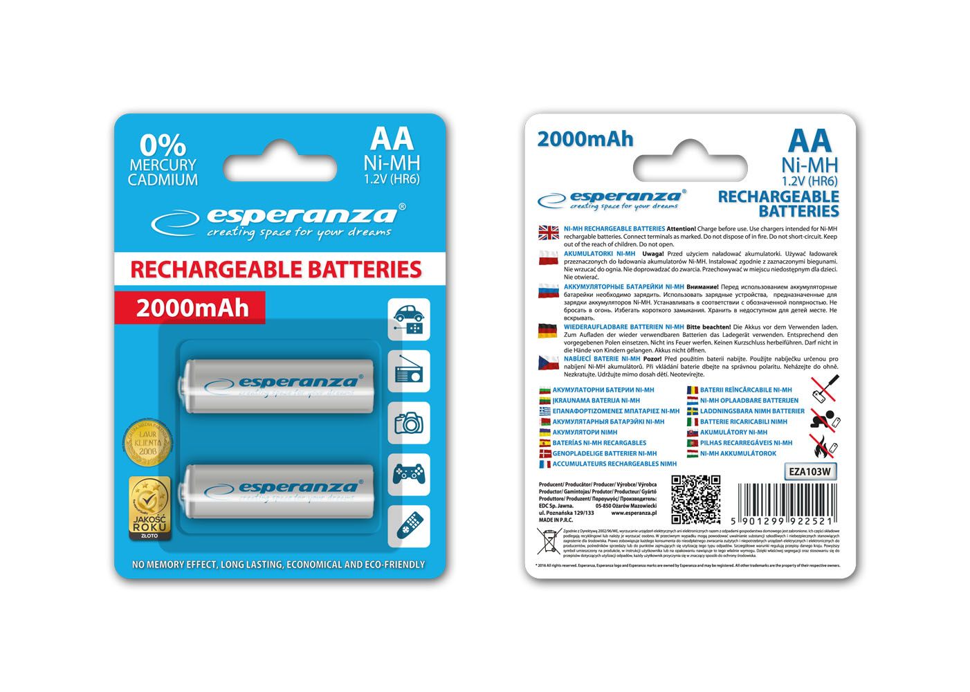 Esperanza 2000mAh AA Ni-MH akkumulátor 2db/csomag White