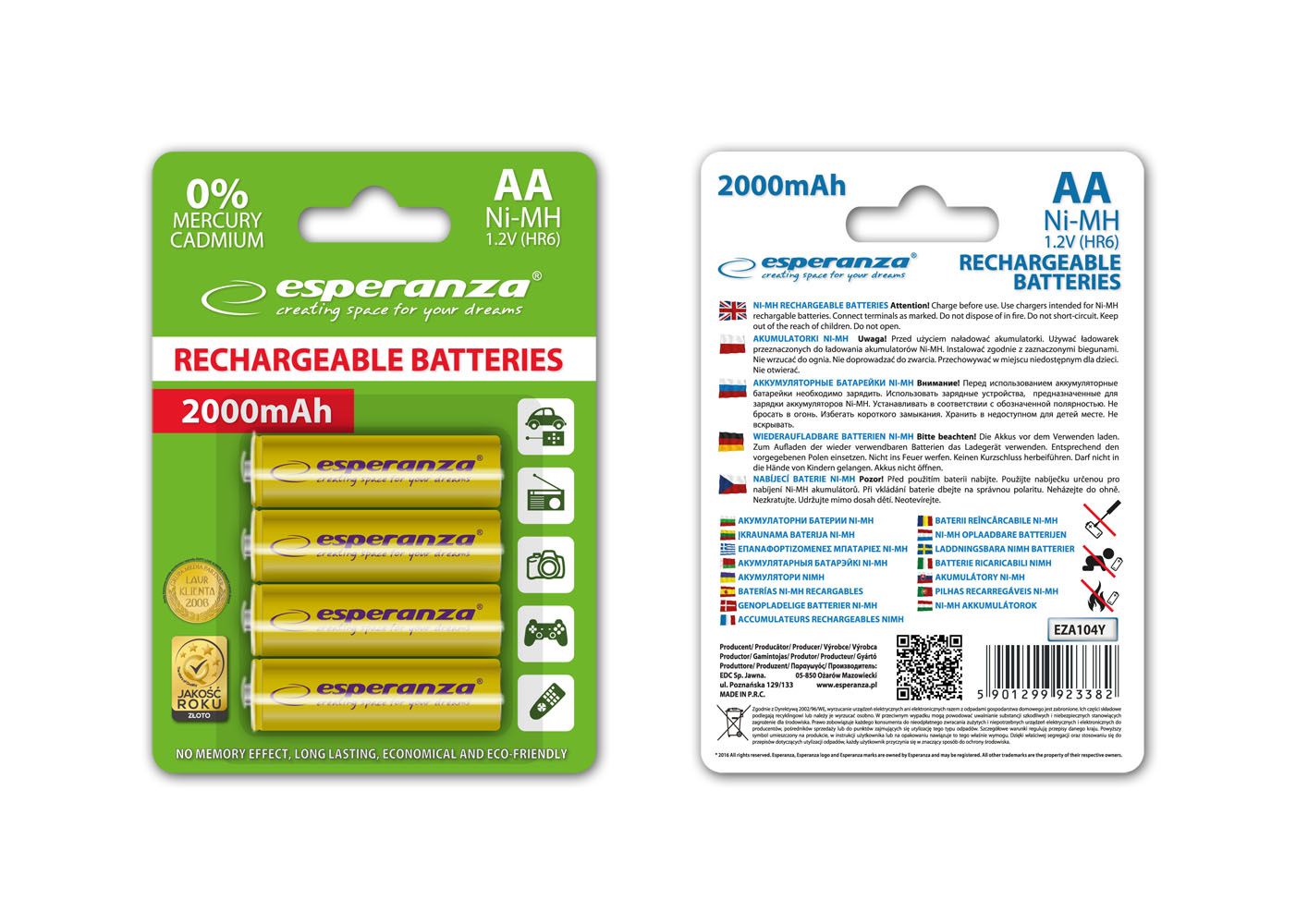 Esperanza 2000mAh AA Ni-MH akkumulátor 4db/csomag Yellow