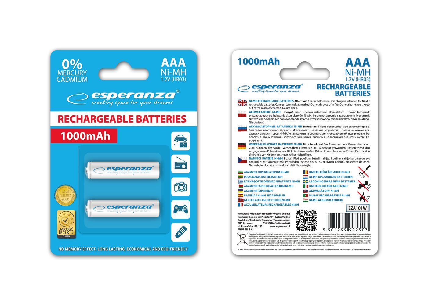 Esperanza 1000mAh AAA Ni-MH akkumulátor 2db/csomag White