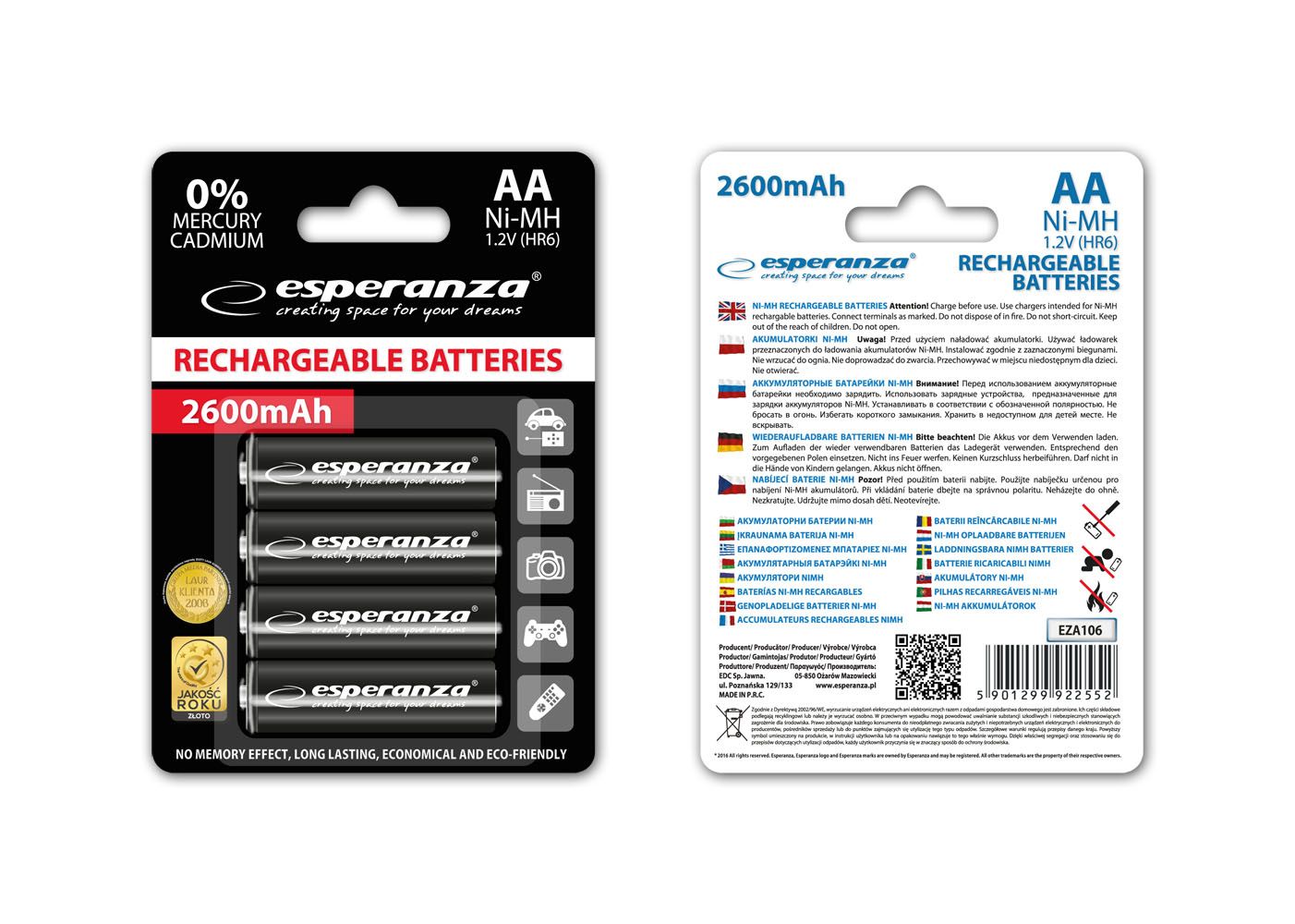 Esperanza 2600mAh AA Ni-MH akkumulátor 4db/csomag Black