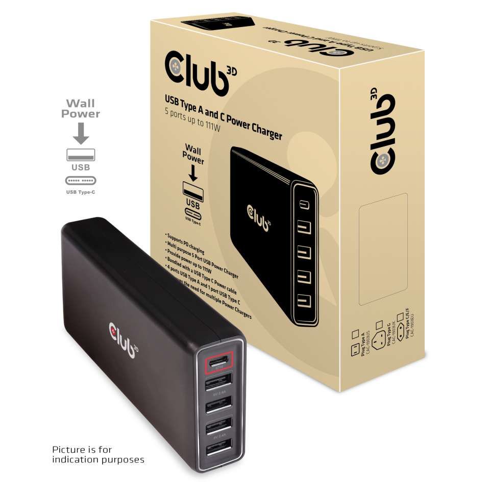 Club3D USB Type A and C Power Charger 5 ports up to 111W Black