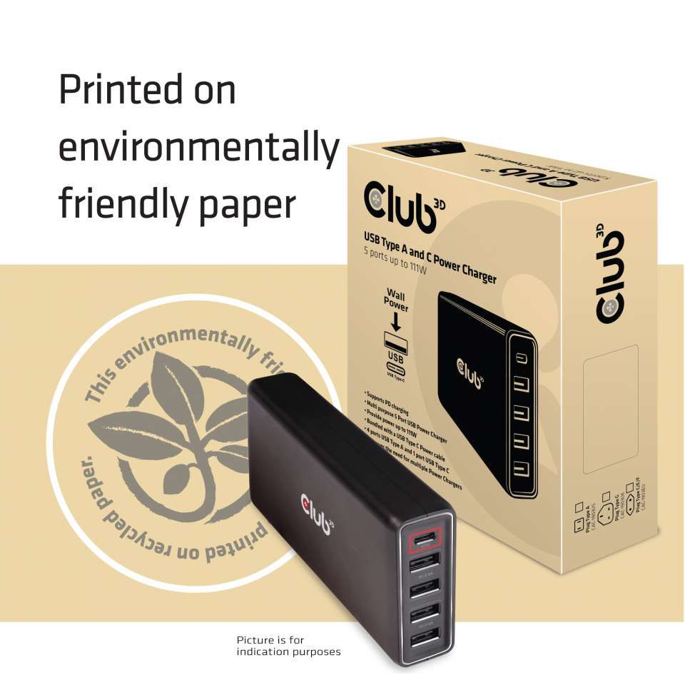 Club3D USB Type A and C Power Charger 5 ports up to 111W Black