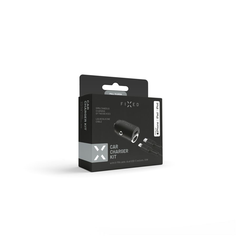 FIXED Dual USB-C Car Charger 30W + USB-C/Lightning Cable Black