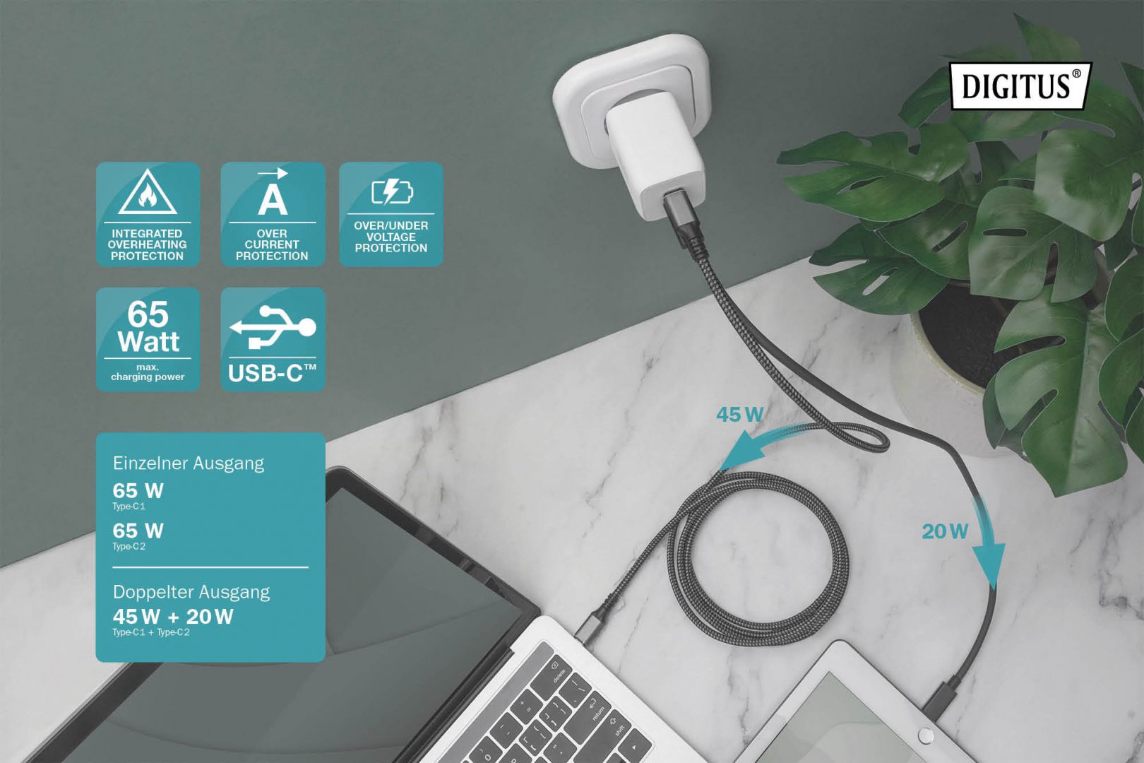 Digitus DA-10063 USB-C Charger 2-port, 65W GaN White