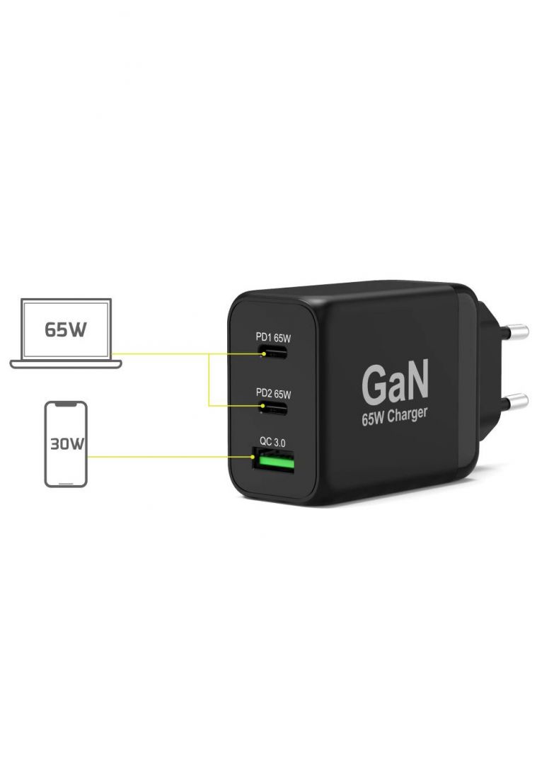Port Designs 65W GaN Charger USB-C & USB-A Power Delivery Quick Charger Black