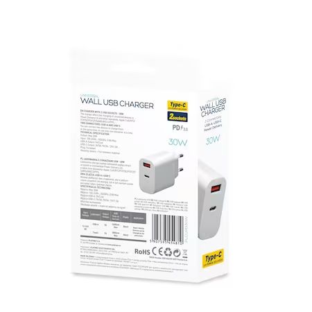 Platinet Wall Charger 30W USB Type C PD3.0+USB2.4A White