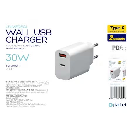 Platinet Wall Charger 30W USB Type C PD3.0+USB2.4A White