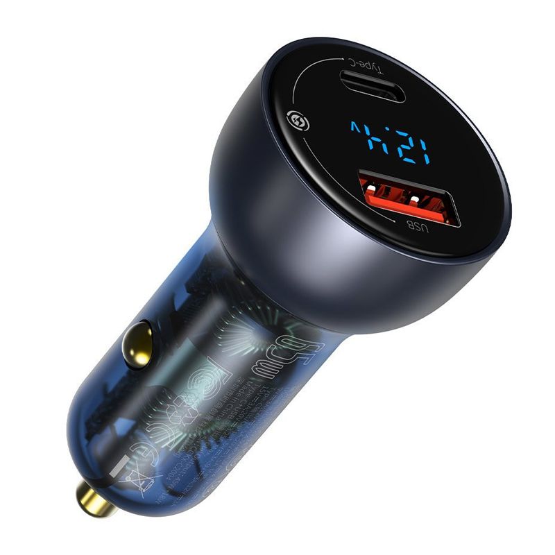 Baseus USB/USB-C 65W 5A SCP QC 4.0 + PD 3.0 LCD + Type-C Cable Car Charger Grey