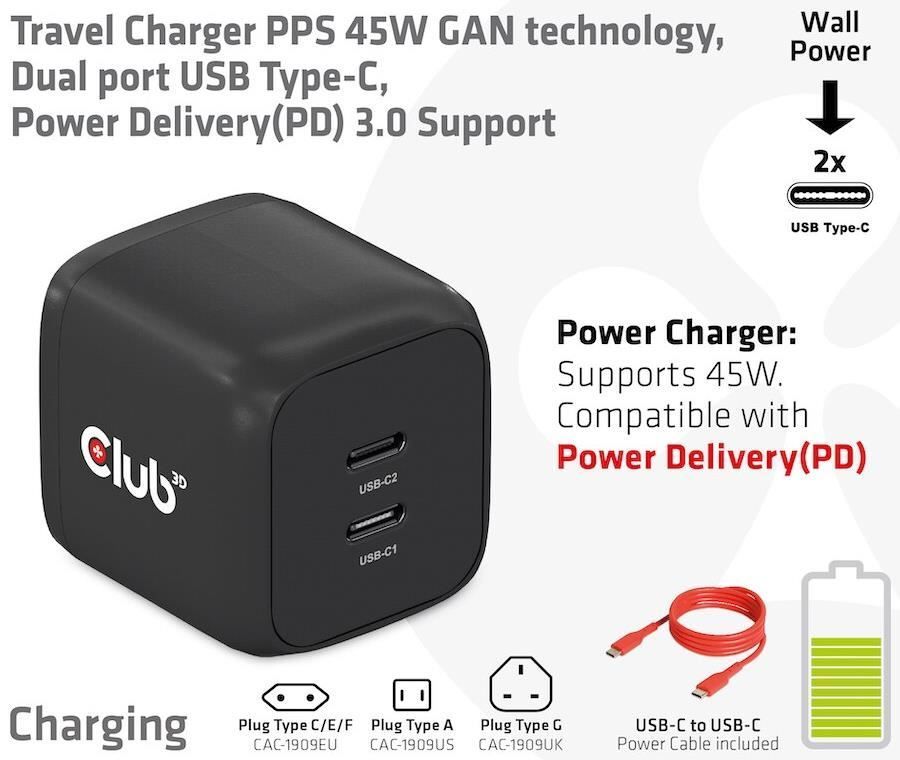 Club3D USB Charger Black+USB-C cable Red