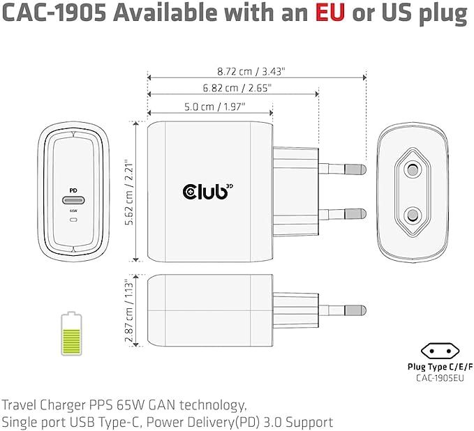Club3D USB Charger Black+USB-C cable Red