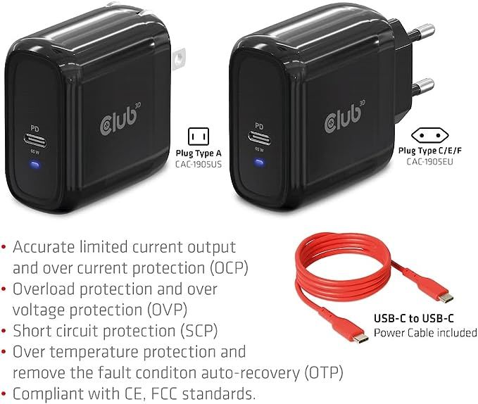 Club3D USB Charger Black+USB-C cable Red