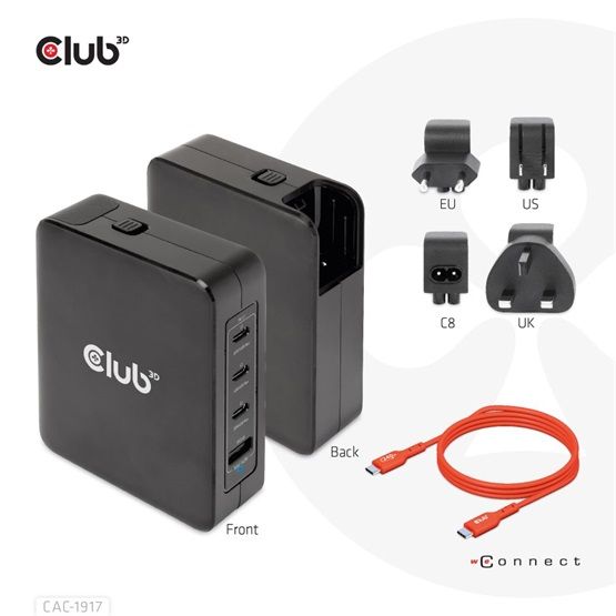 Club3D International Travel Charger 140W GaN technology Four port USB Type-A(1x) and -C(3x) PPS + Power Delivery(PD) 3.1 Support